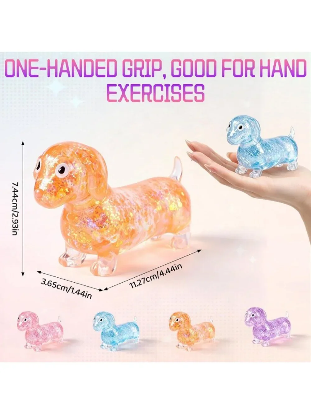 2Pcs Squishy Dachshund Stress Balls - Sparkly Gel Rainbow Weiner Dog Toys